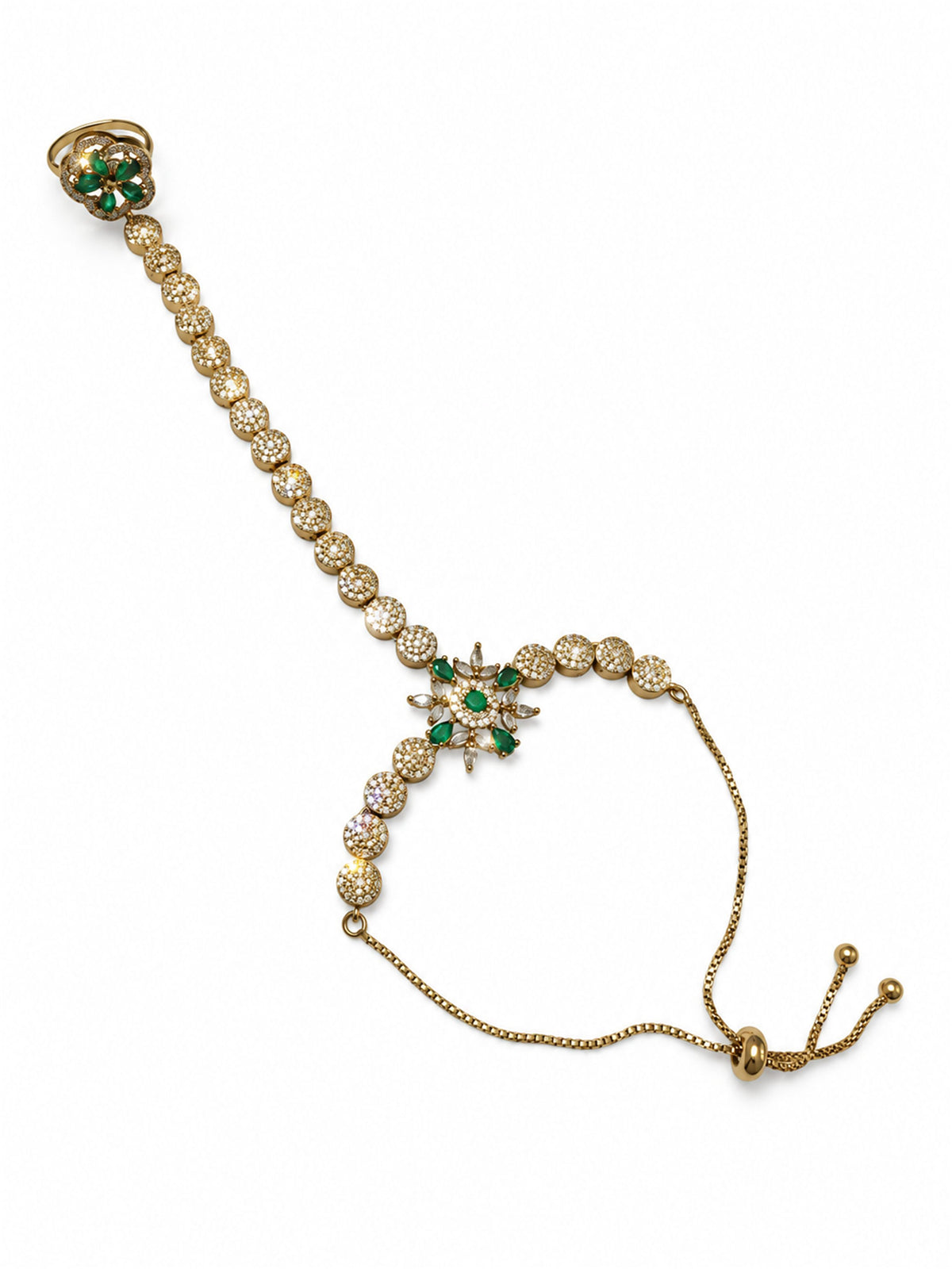 Green Floral Round-Stone Chain Hathphool - Mehndi Plated