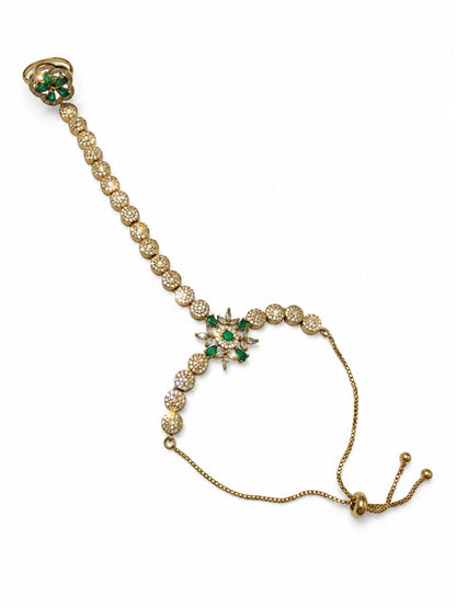 Green Floral Round-Stone Chain Hathphool - Mehndi Plated