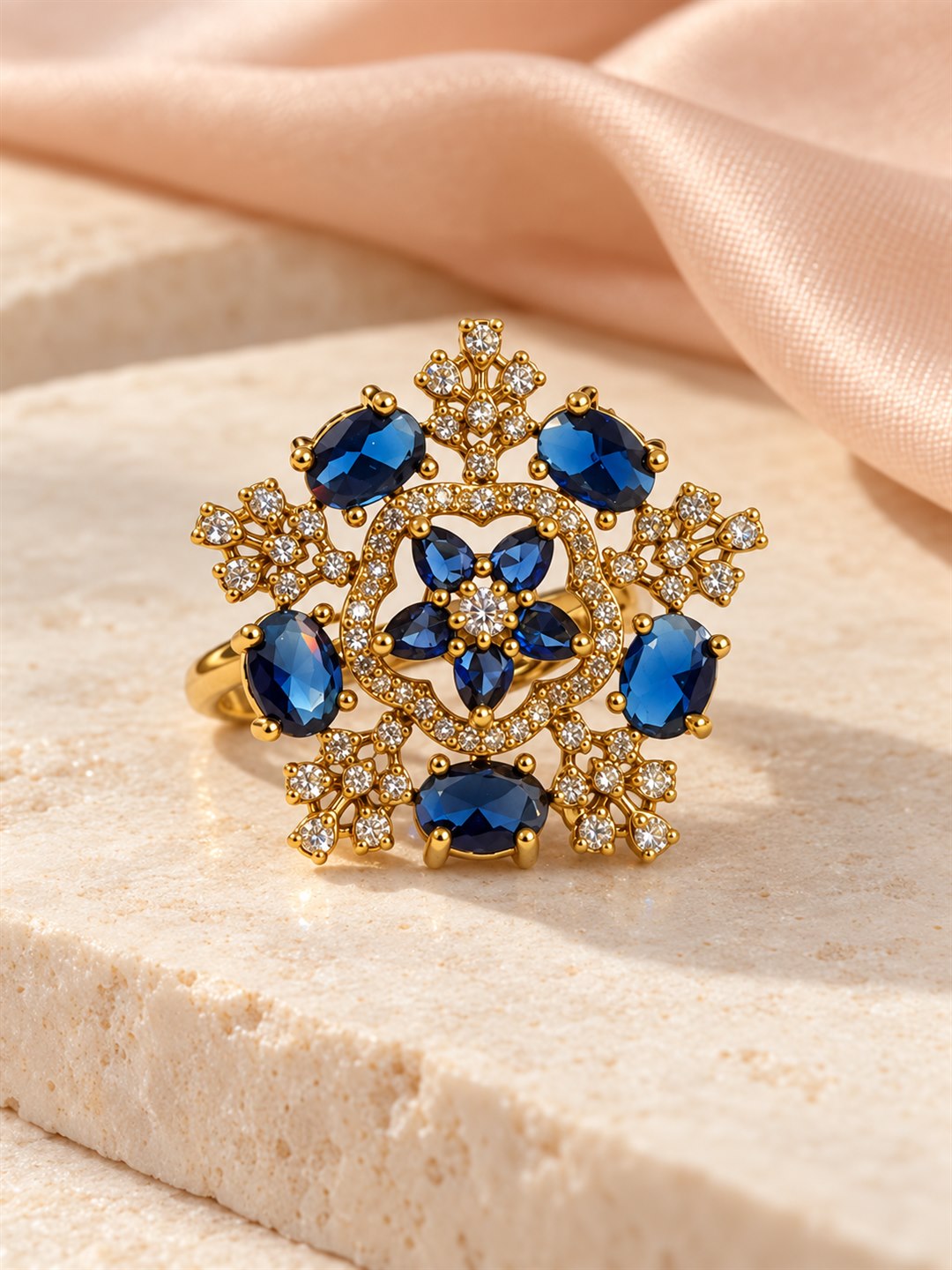 Blue Stone Floral Cross Cluster Ring - Gold Plated, additional view 3