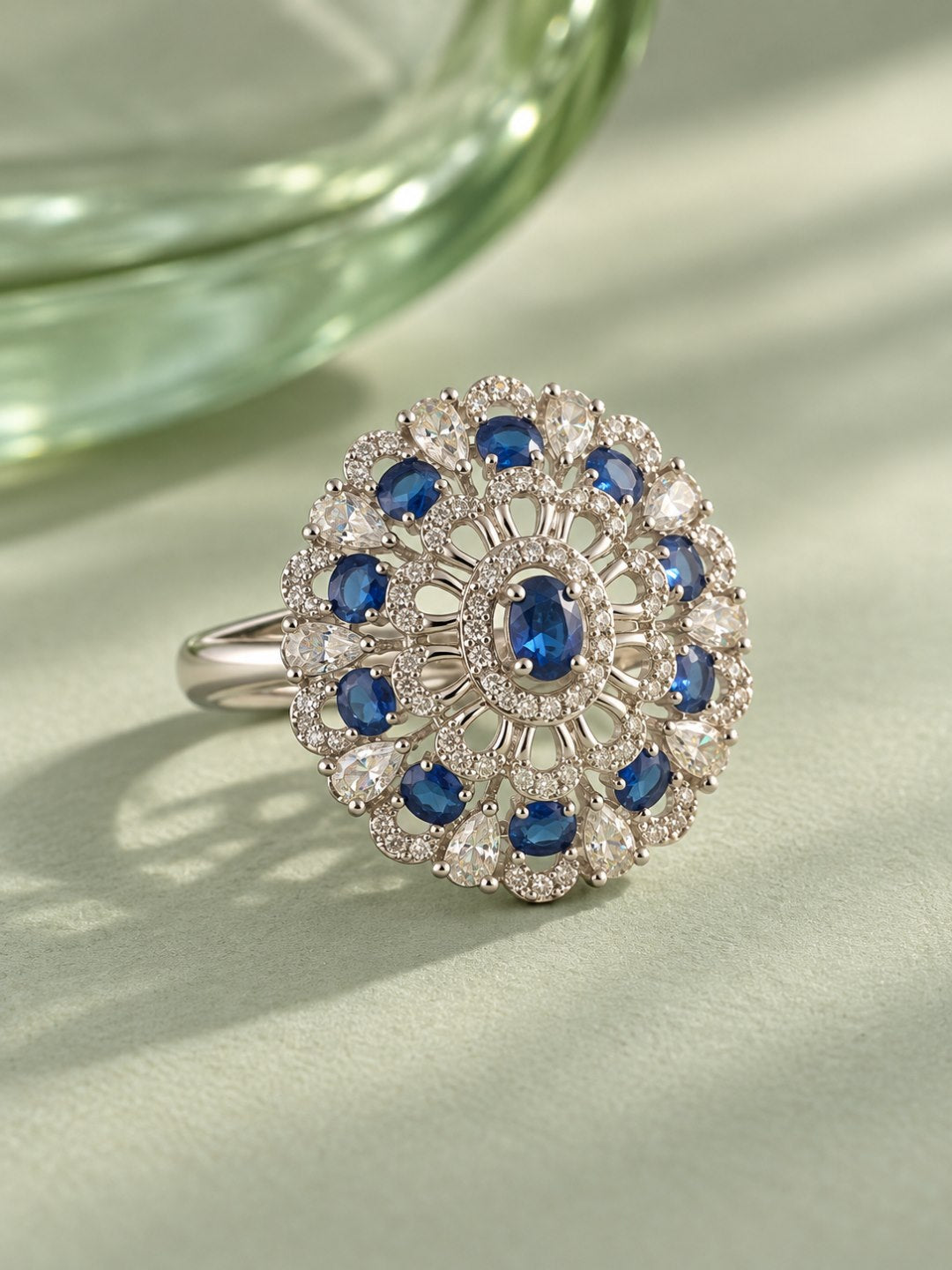 Blue Oval Center Floral Cluster Ring - Silver Plated - alternate view