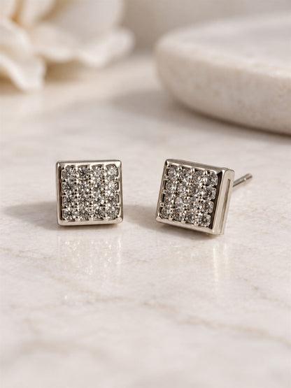 Clear Pave Square Stud Earrings, silver plated, lifestyle view