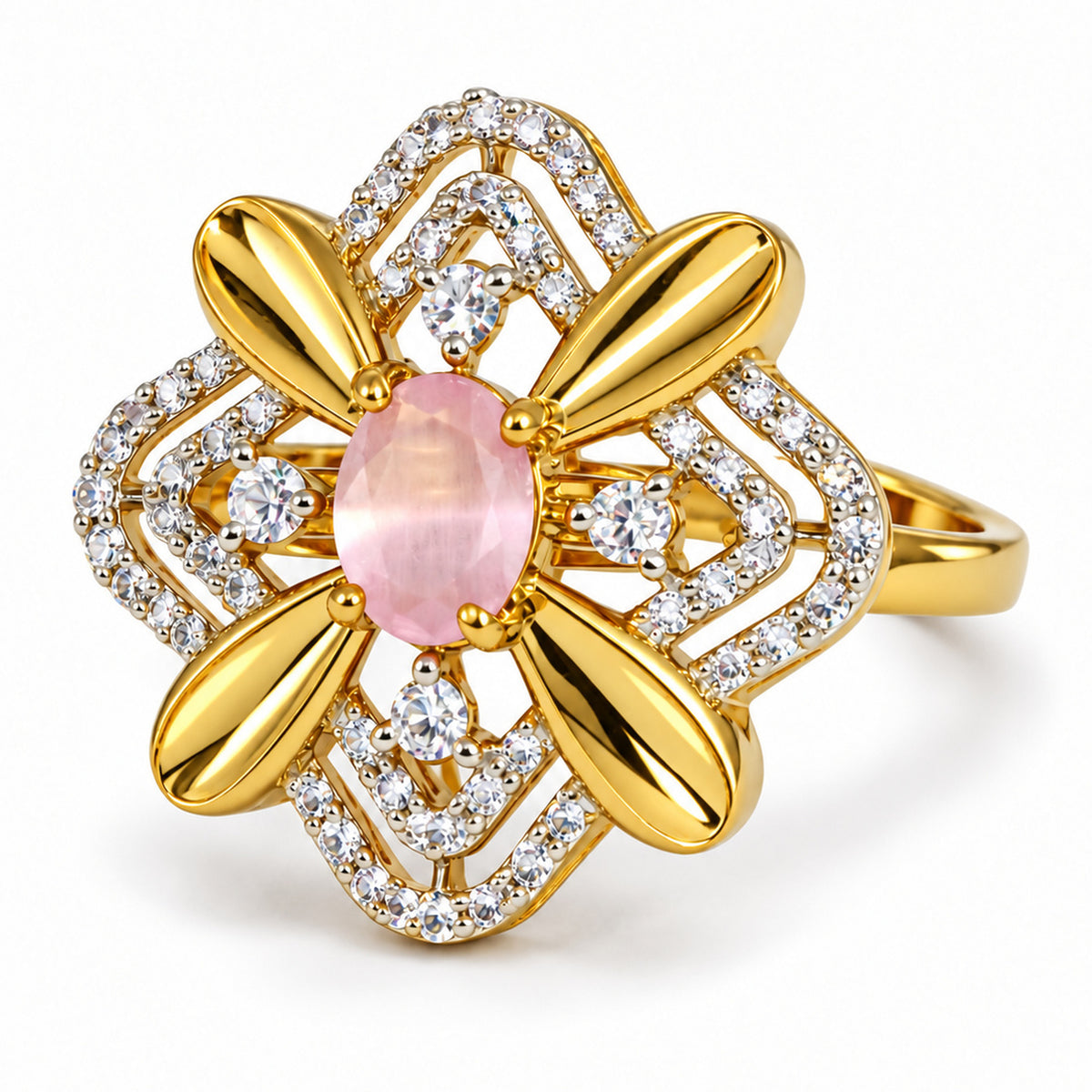 Pink Center Stone Four-Petal Floral Ring - Gold Plated