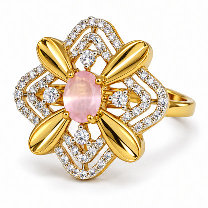 Pink Center Stone Four-Petal Floral Ring - Gold Plated