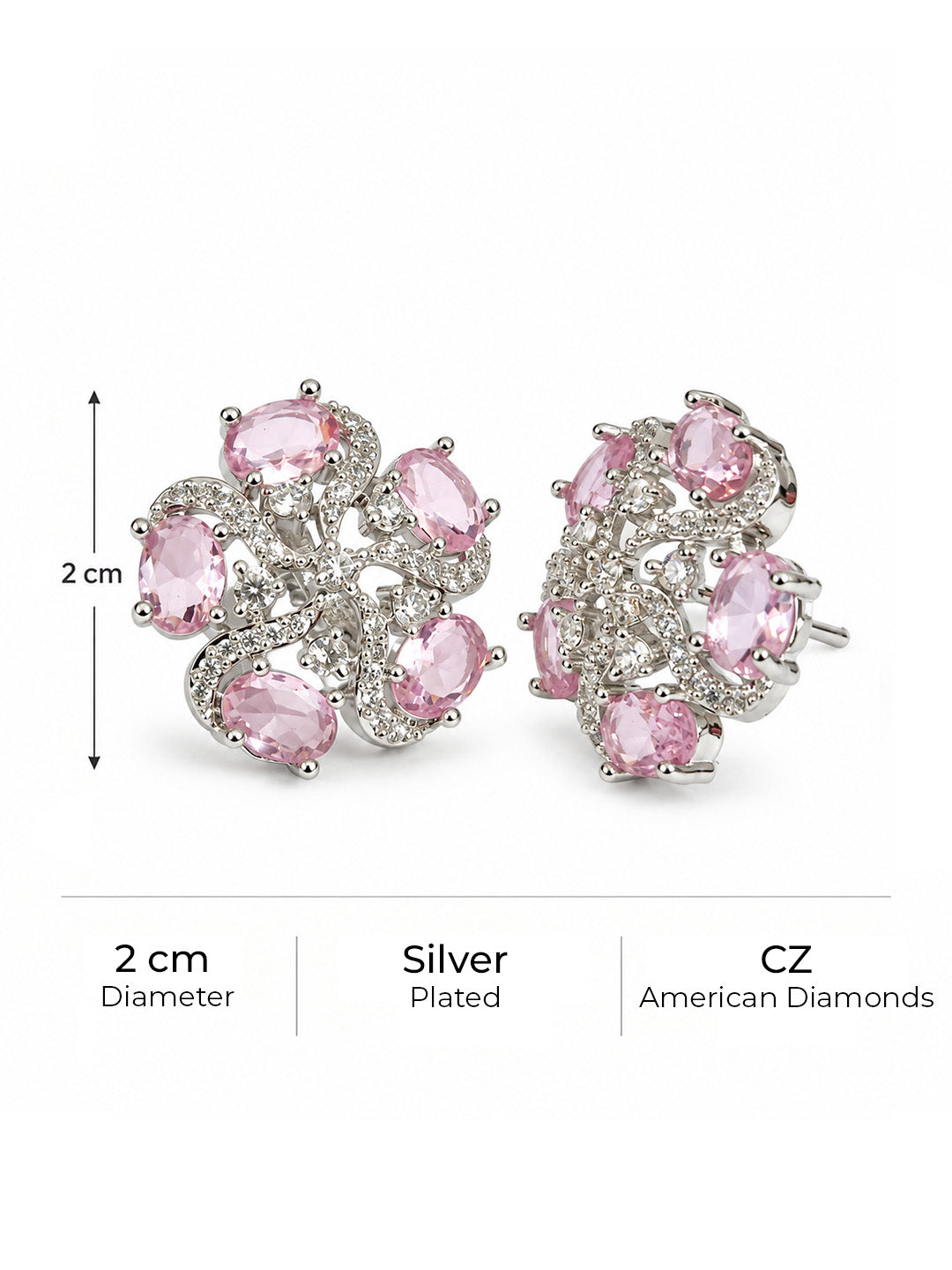 Pink Oval Stone Floral Stud Earrings in silver plating