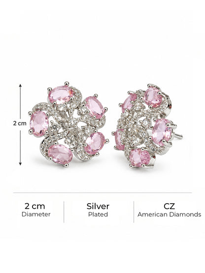 Pink Oval Stone Floral Stud Earrings in silver plating