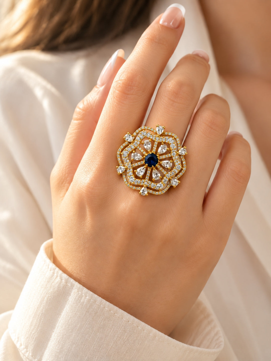 Blue Stone Scalloped Floral Halo Ring - Gold Plated, model close-up