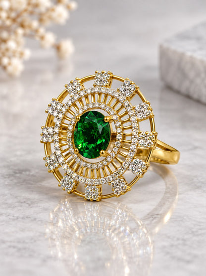Green Center Stone Baguette Halo Ring - Gold Plated