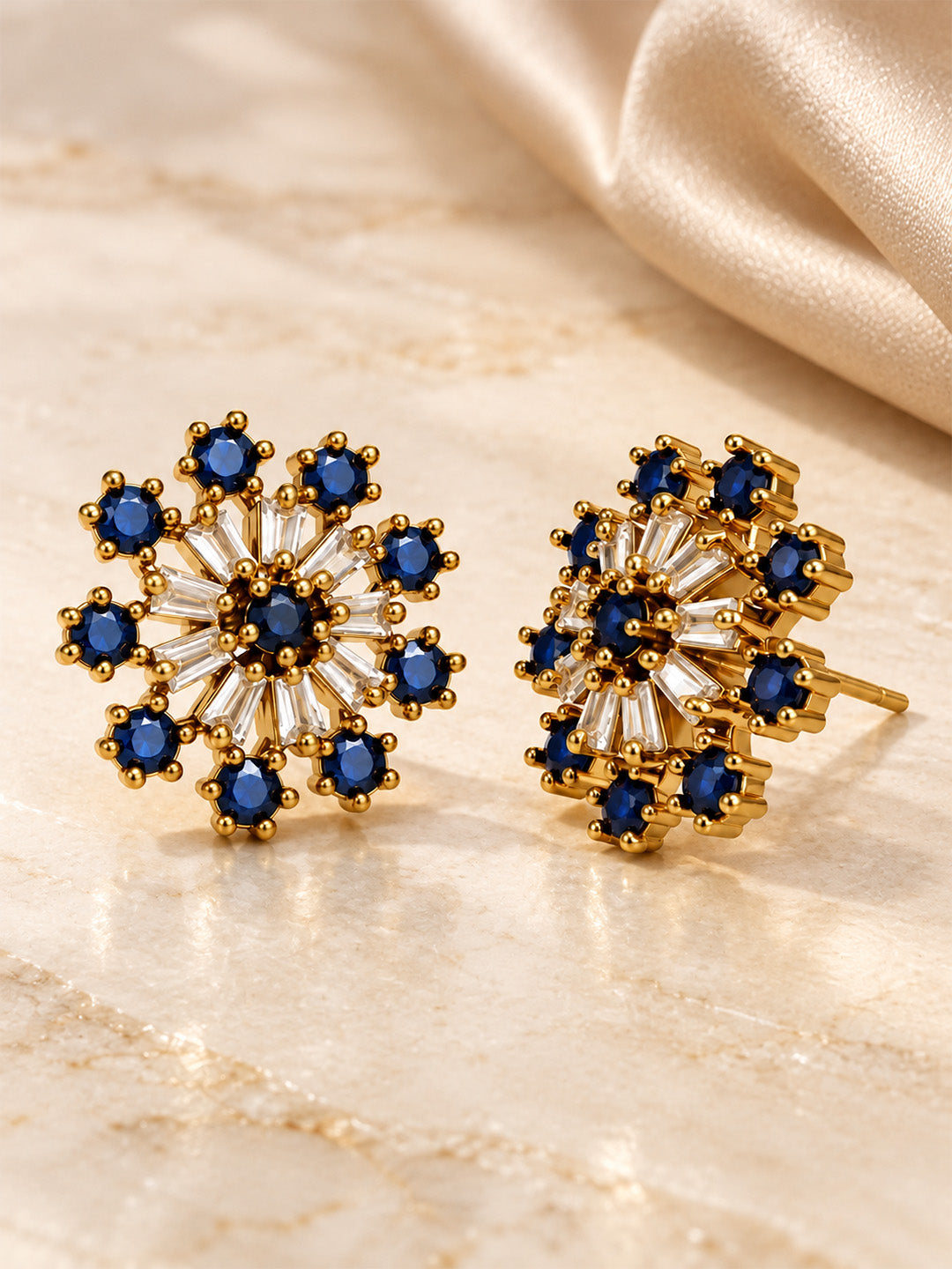 Blue Baguette Sunburst Stud Earrings, gold plated, lifestyle view