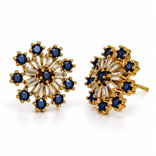 Blue Baguette Sunburst Stud Earrings, gold plated
