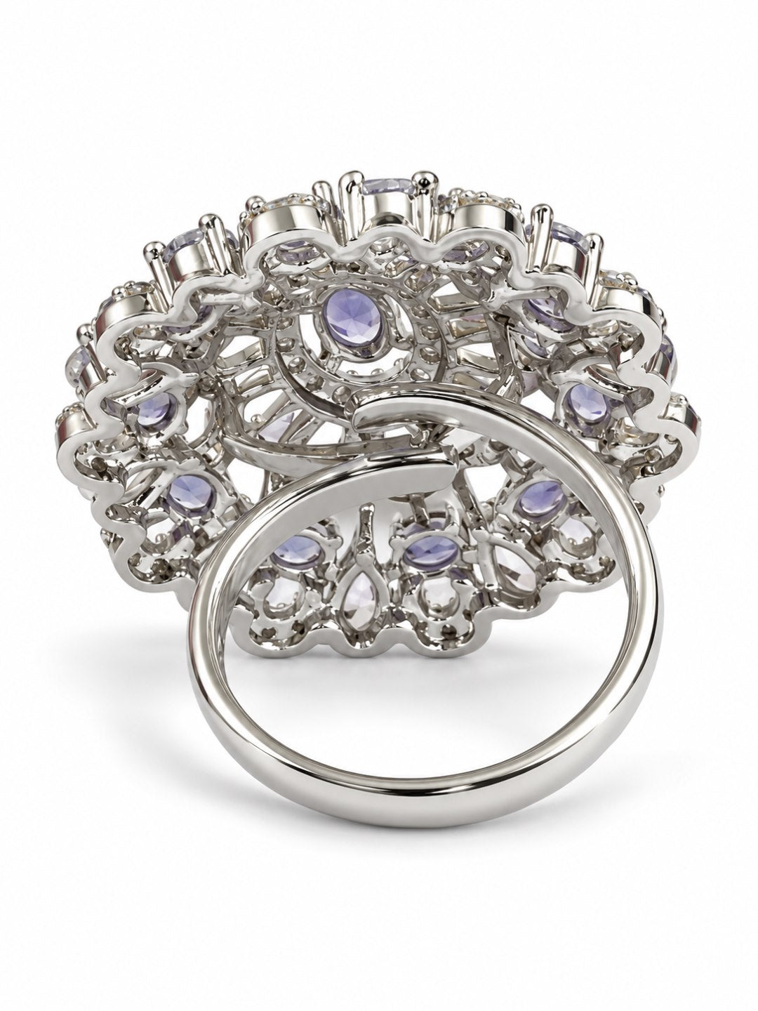Purple Oval Center Floral Cluster Ring - Silver Plated - alternate view