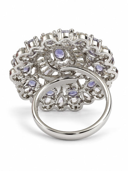 Purple Oval Center Floral Cluster Ring - Silver Plated - alternate view