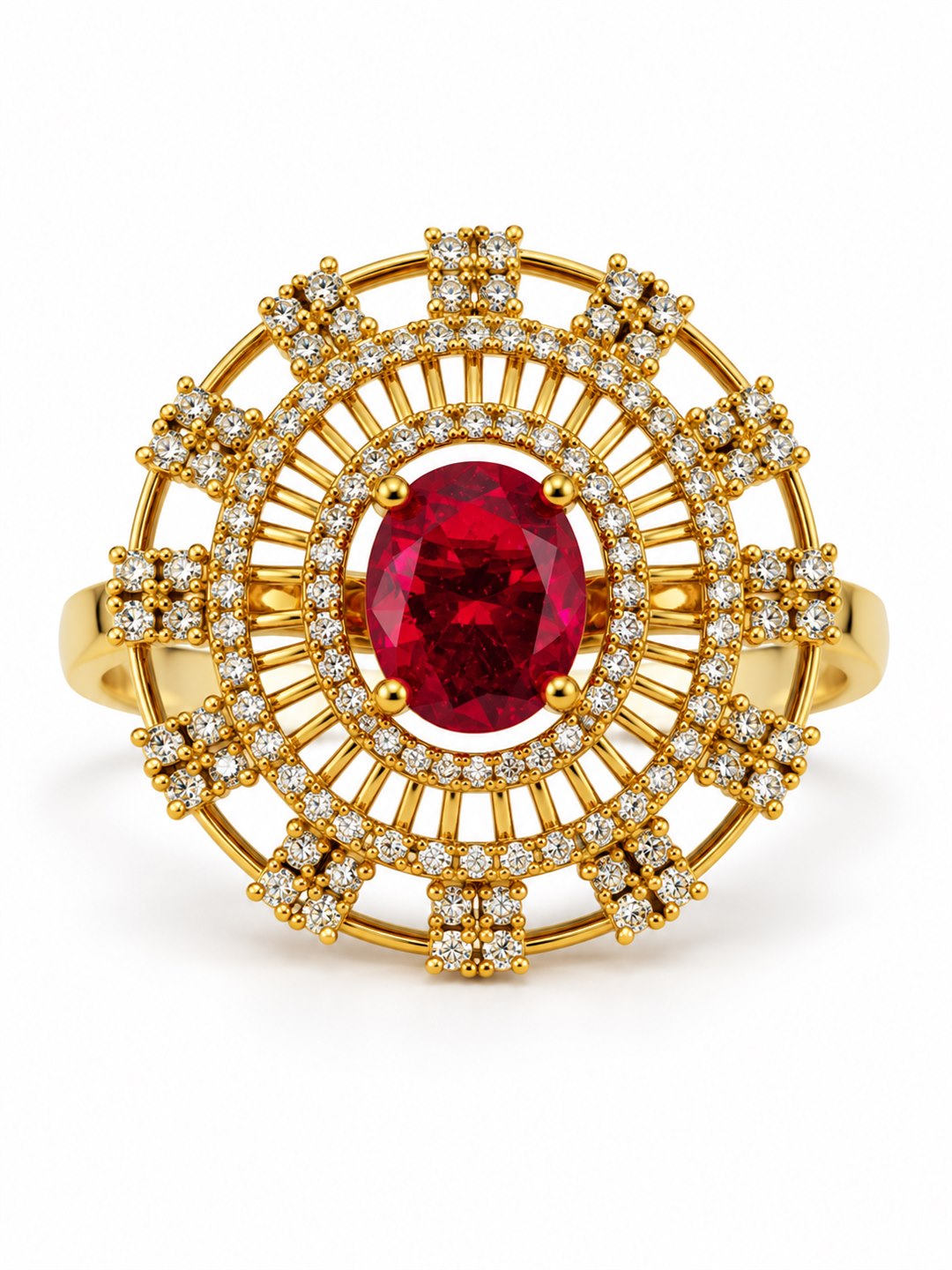 Red Stone Oval Baguette Halo Ring - Gold Plated, additional view 4