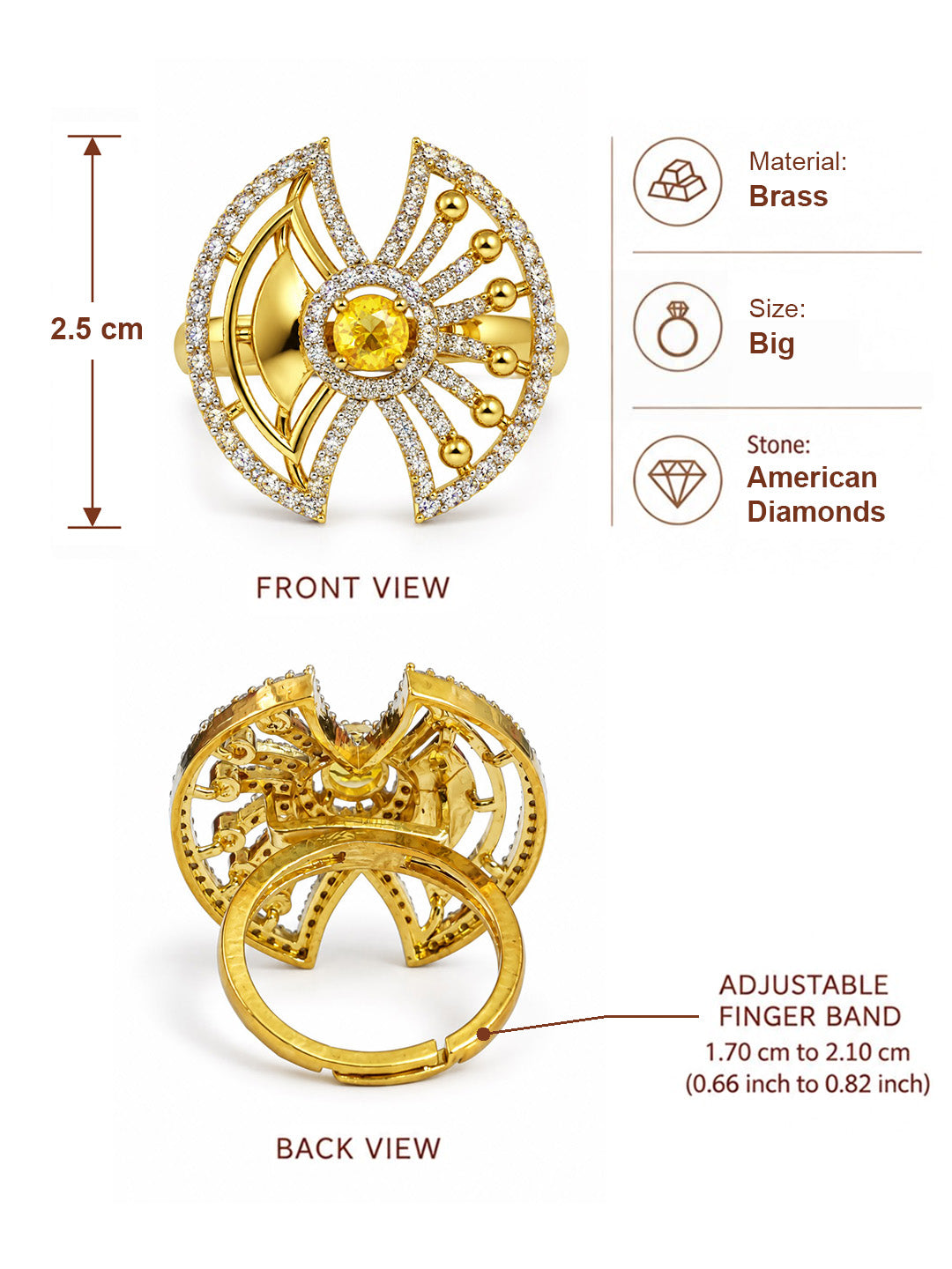Yellow Center Stone Fan Motif Ring - Gold Plated