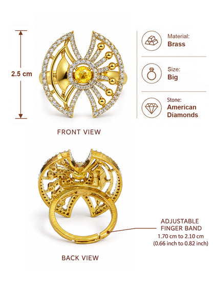 Yellow Center Stone Fan Motif Ring - Gold Plated