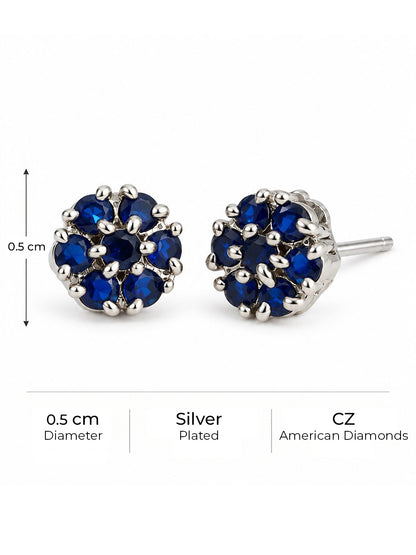 Blue Stone Floral Cluster Stud Earrings, silver plated, size and plating details