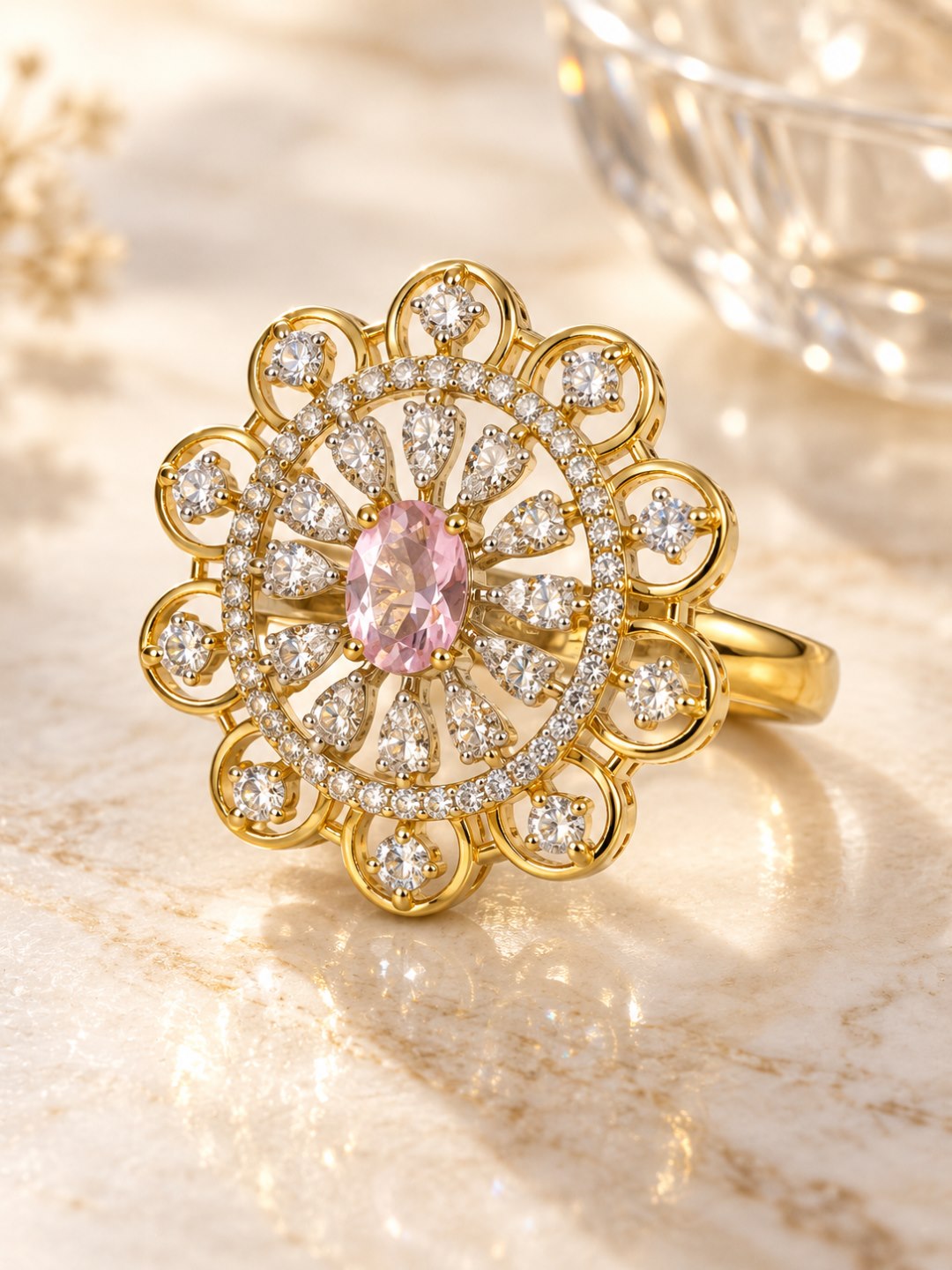 Pink Center Stone Scalloped Floral Halo Ring - Gold Plated
