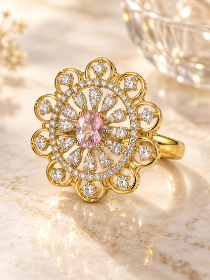 Pink Center Stone Scalloped Floral Halo Ring - Gold Plated