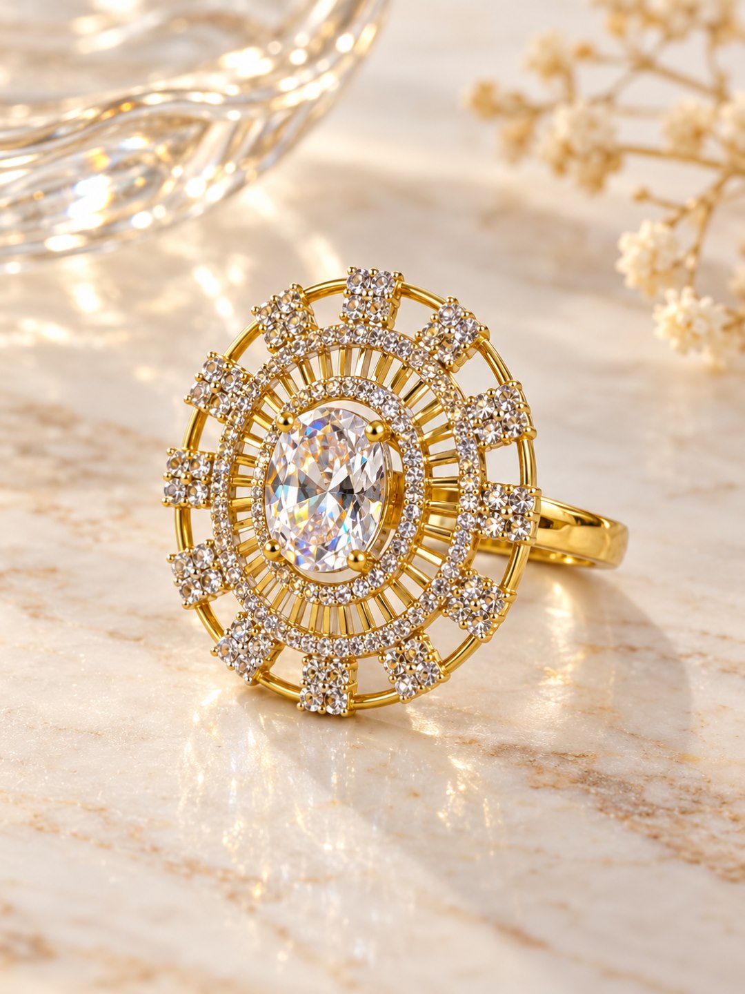 White Center Stone Baguette Halo Ring - Gold Plated