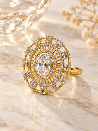 White Center Stone Baguette Halo Ring - Gold Plated