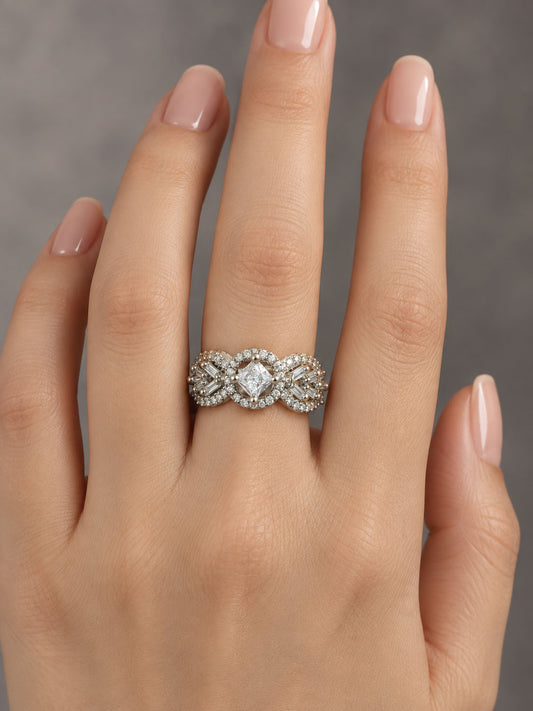 Rhodium Plated American Diamond Adjustable Solitaire Finger Ring - model close-up