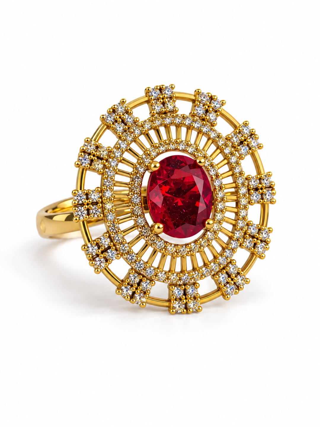 Red Stone Oval Baguette Halo Ring - Gold Plated, additional view 1