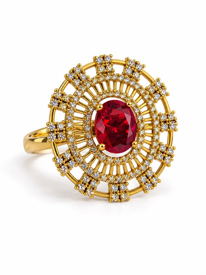 Red Stone Oval Baguette Halo Ring - Gold Plated, additional view 1