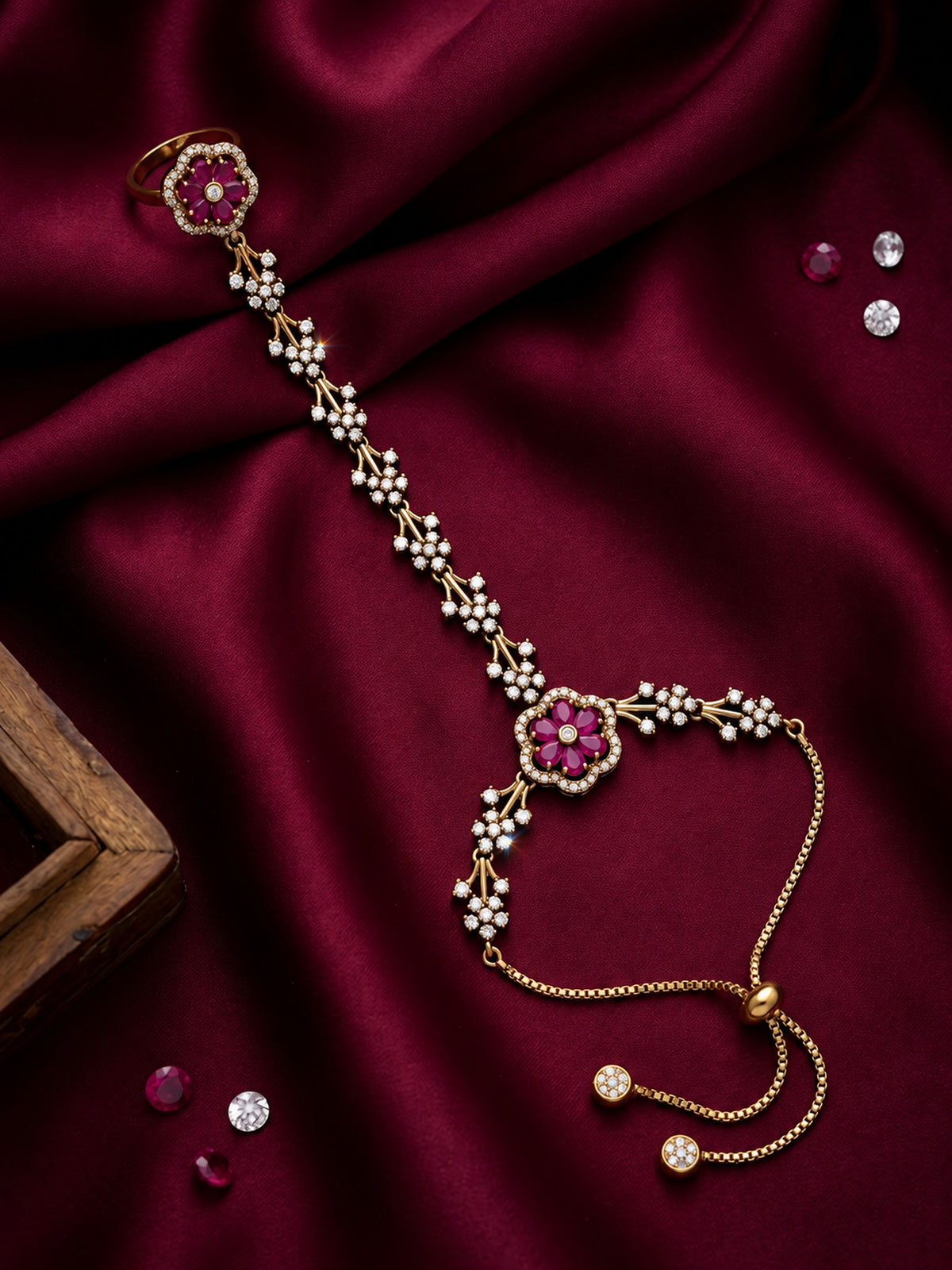 Red Floral Marquise-Stone Chain Hathphool - Mehndi Plated