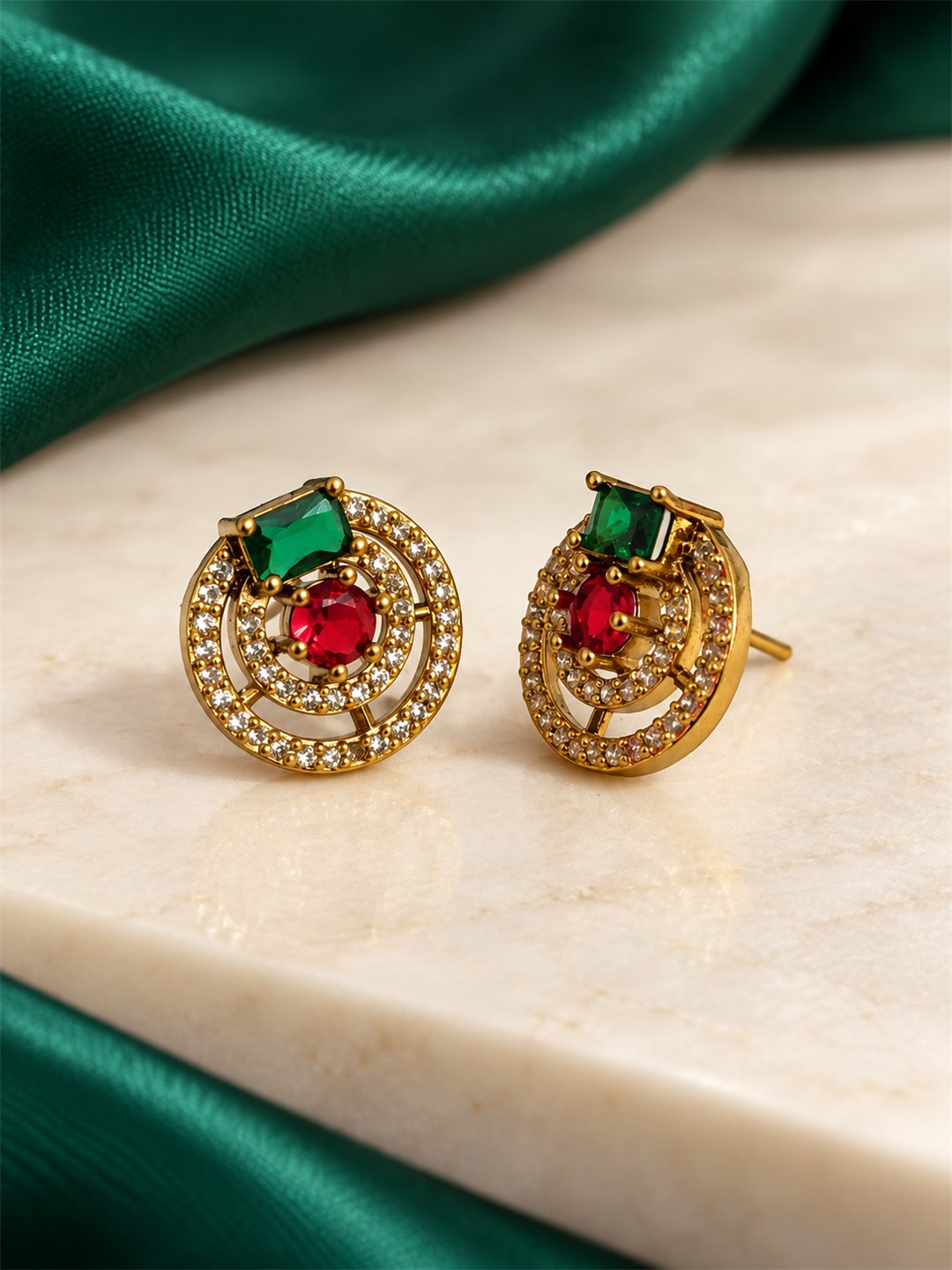 Green and Red Stone Double Halo Stud Earrings, gold plated, lifestyle view