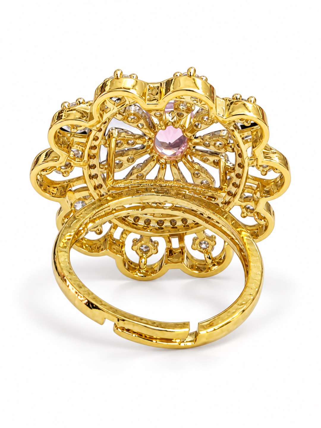 Pink Center Stone Scalloped Floral Halo Ring - Gold Plated