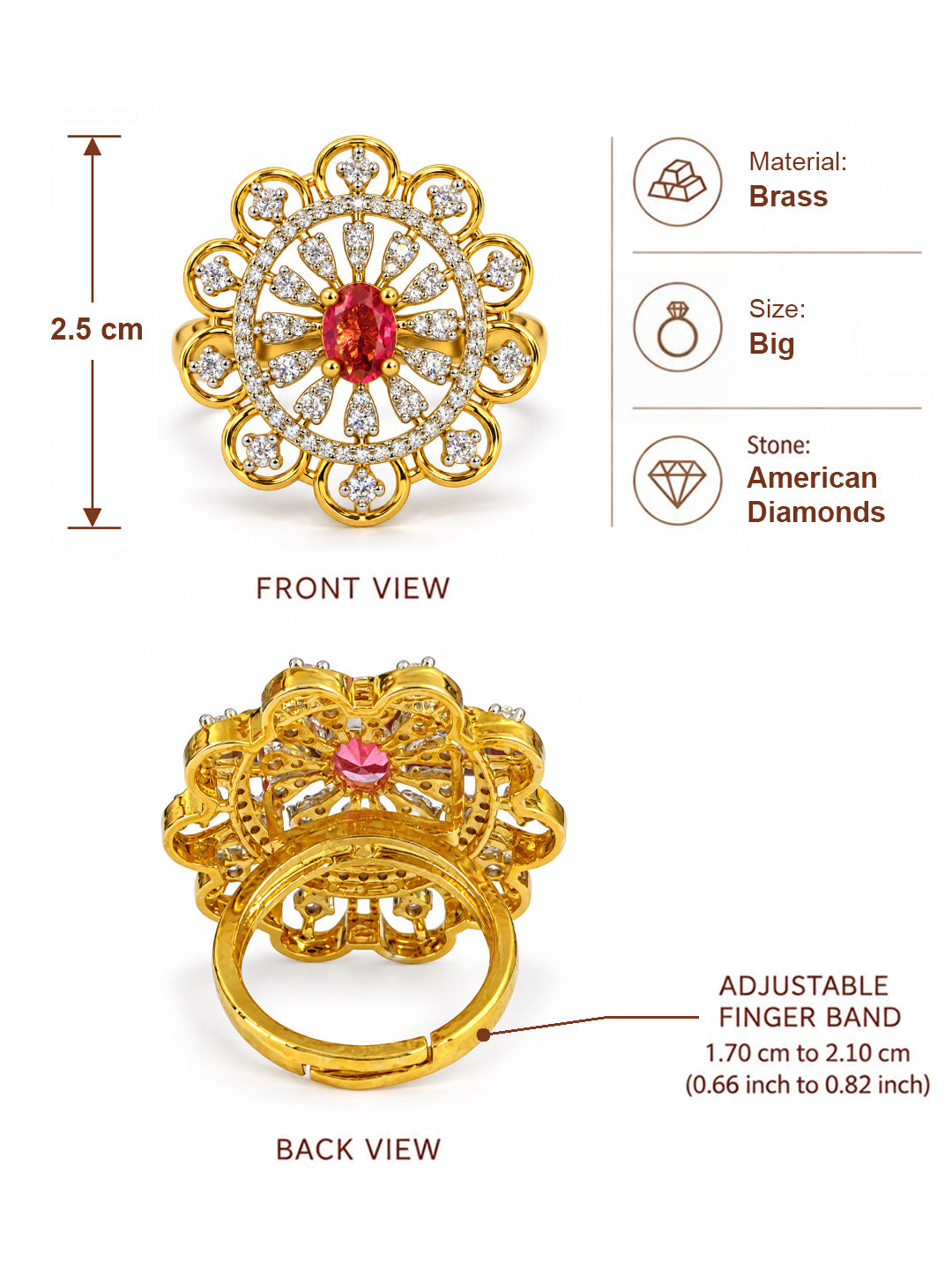 Red Center Stone Scalloped Floral Halo Ring - Gold Plated