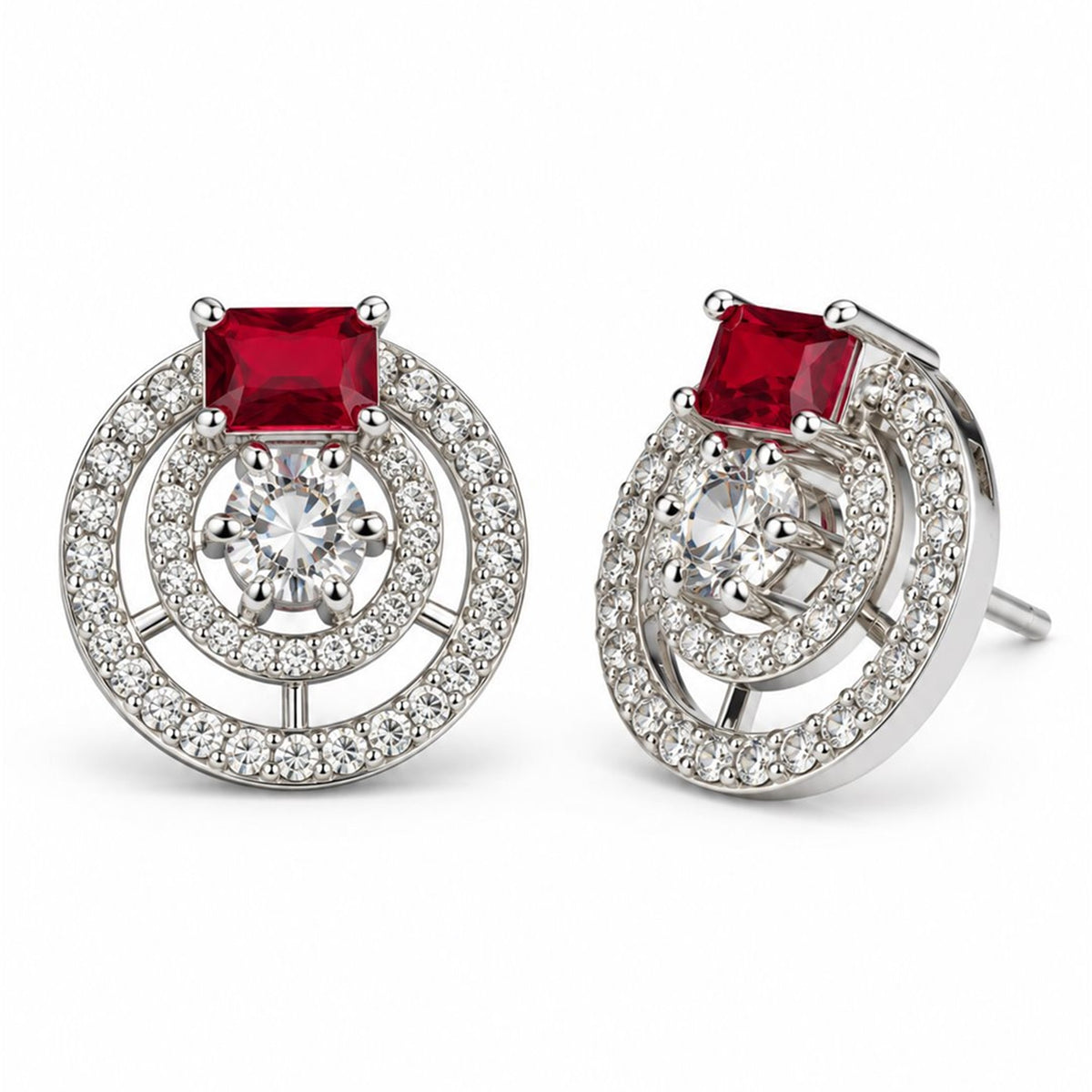 Red Stone Double Halo Stud Earrings, silver plated