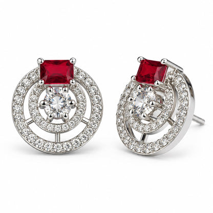 Red Stone Double Halo Stud Earrings, silver plated