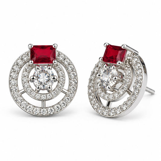 Red Stone Double Halo Stud Earrings, silver plated