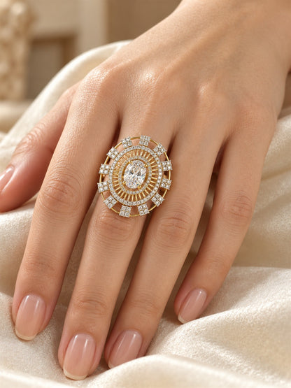 White Center Stone Baguette Halo Ring - Gold Plated - model close-up