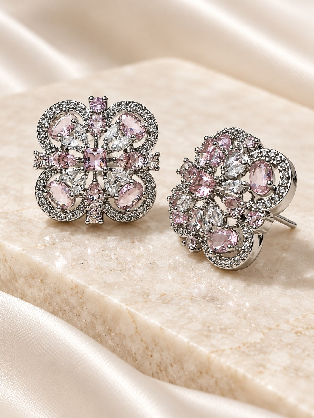 Pink Scrollwork Floral Stud Earrings in silver plating