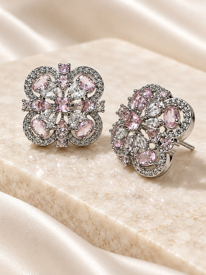 Pink Scrollwork Floral Stud Earrings in silver plating