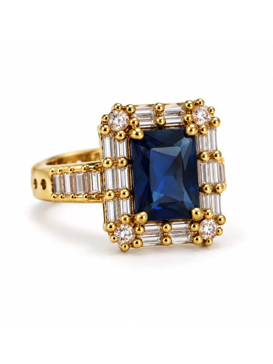 Blue Center Stone Baguette Halo Ring - Gold Plated product image