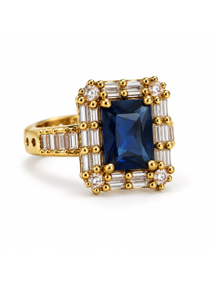 Blue Center Stone Baguette Halo Ring - Gold Plated product image