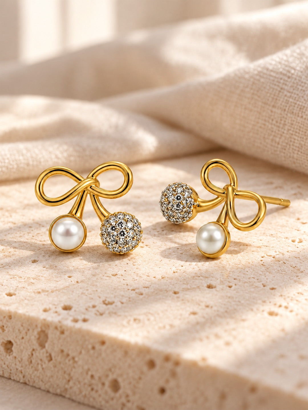 White Bead and Clear Stone Cherry Stud Earrings - Gold Plated, additional view 5