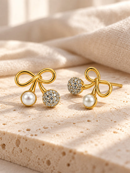 White Bead and Clear Stone Cherry Stud Earrings - Gold Plated, additional view 5