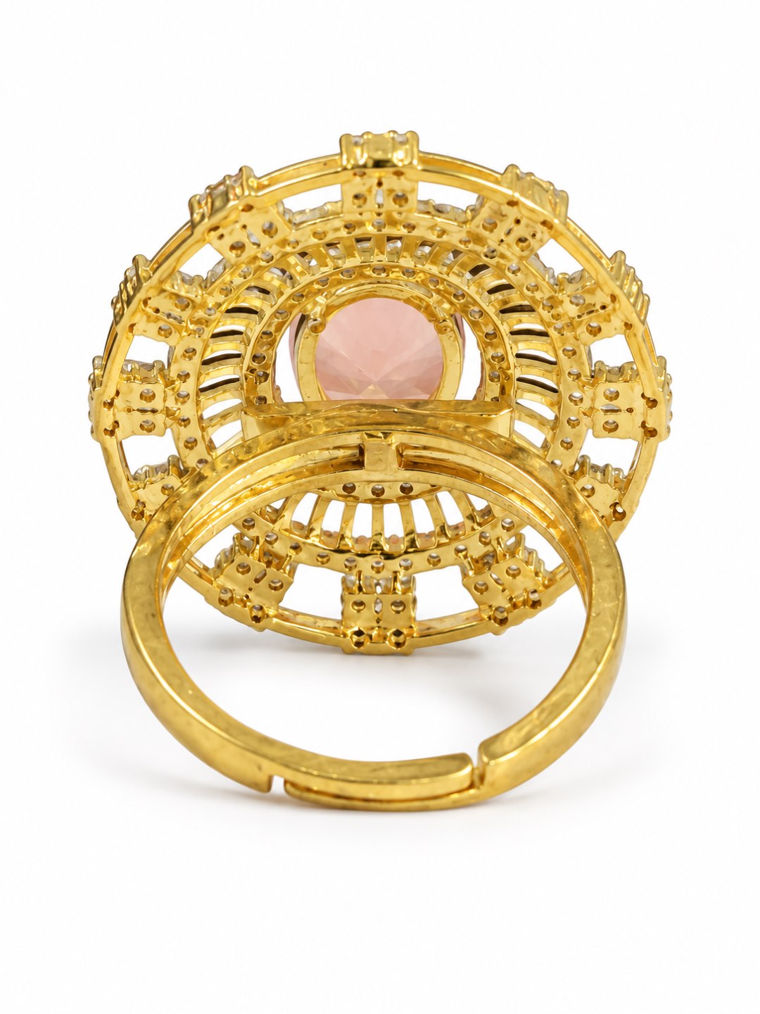 Pink Center Stone Baguette Halo Ring - Gold Plated