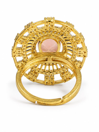 Pink Center Stone Baguette Halo Ring - Gold Plated