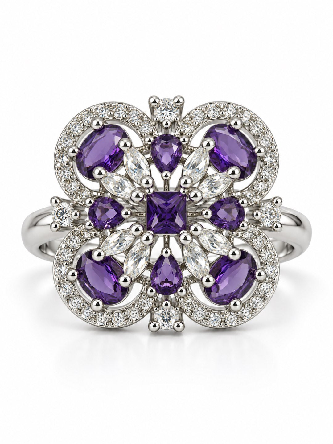 Purple Square Center Quatrefoil Ring - Silver Plated - alternate view