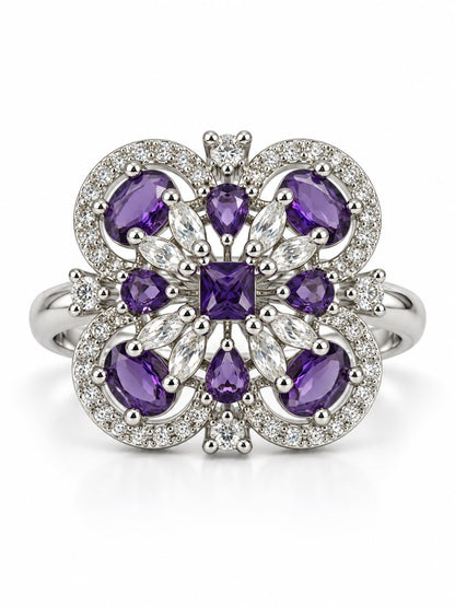 Purple Square Center Quatrefoil Ring - Silver Plated - alternate view