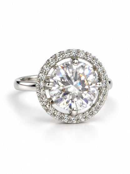 Clear Round Solitaire Halo Ring - Silver Plated