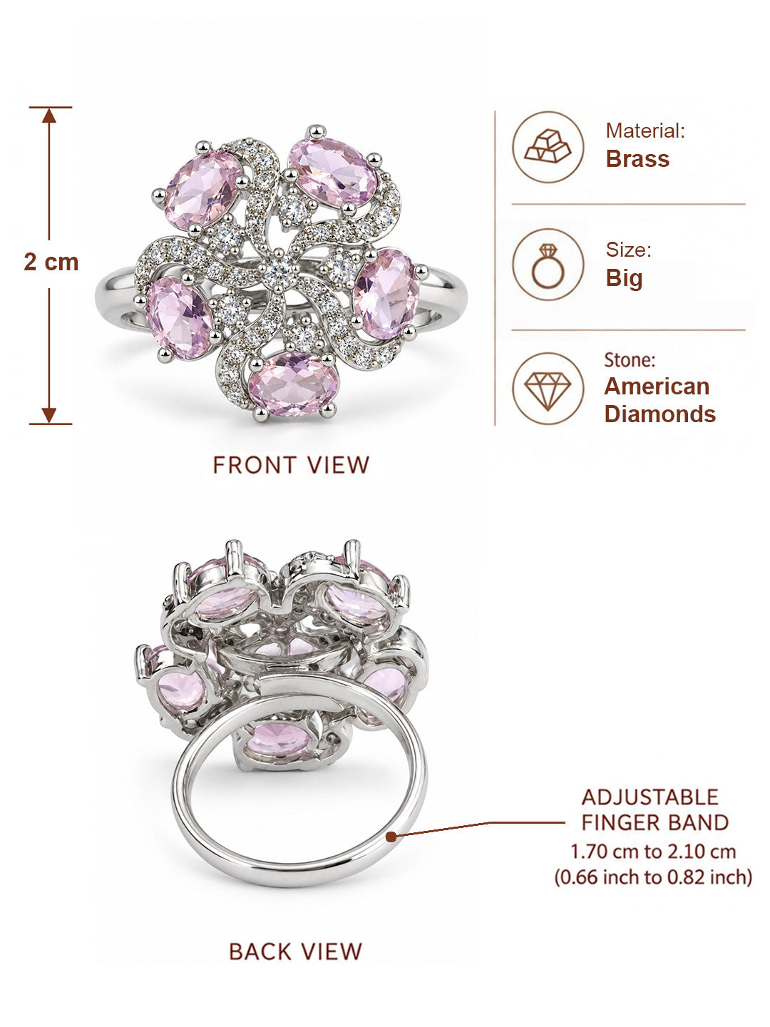 Pink Oval Stone Floral Ring - Silver Plated - alternate view
