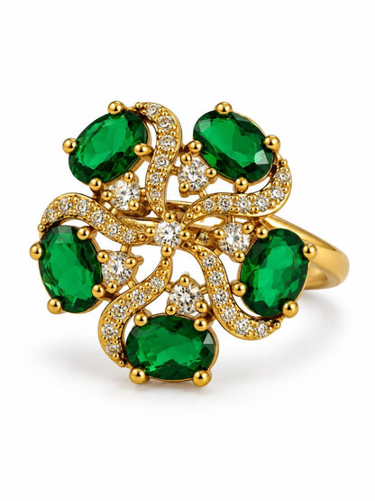 Green Stone Five Petal Swirl Ring - Gold Plated, additional view 1