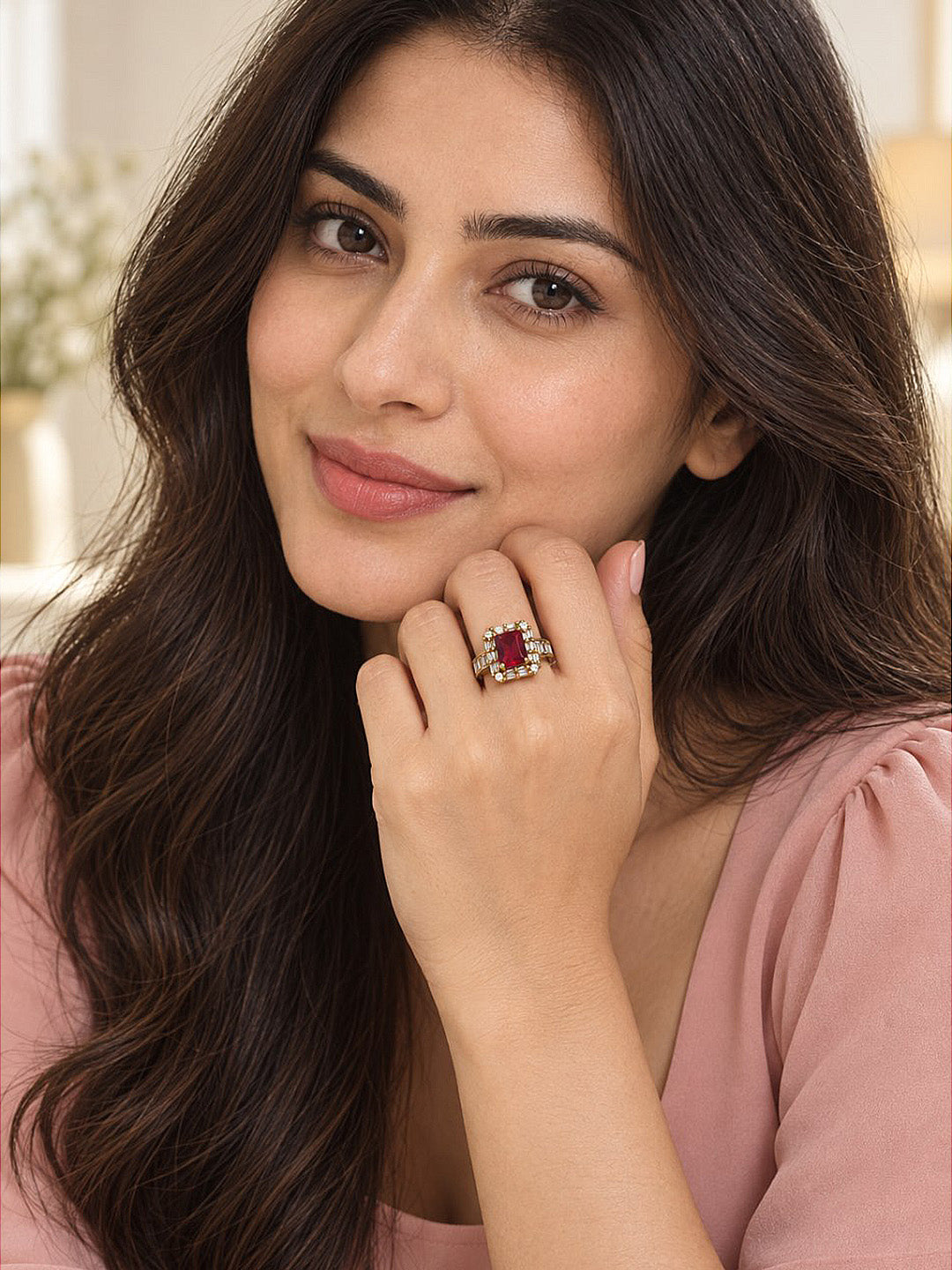 Red Center Stone Baguette Halo Ring - Gold Plated product image