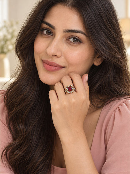 Red Center Stone Baguette Halo Ring - Gold Plated product image