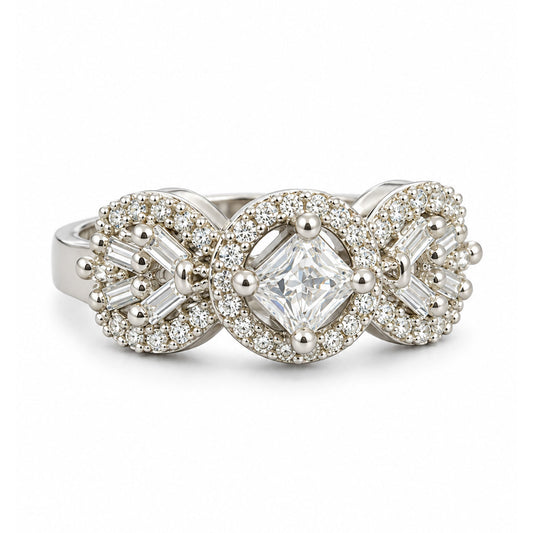 Rhodium Plated American Diamond Adjustable Solitaire Finger Ring - white-background product image